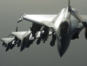 French Rafale fighter jets flying towards Syria.