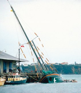 Greenpeace's Rainbow Warrior after the bombing in 1985.