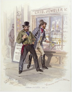 S.T. Gill's satirical "Improvident Diggers in Melbourne" illustration from 1869 shows two men, laden with gold, swaggering past the window of a gold jeweller. 