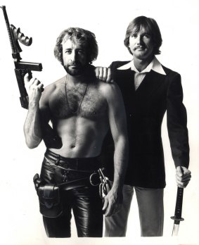 Grant Page and John Hargreaves in a promotional shot for the 1976 film <i>Death Cheaters</i>.