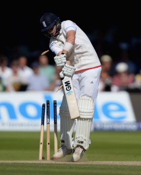 Joe Root is bowled by Josh Hazlewood to continue England's misery. 