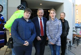 Anthony Albanese at Lewisham with students Oscar Chaffey, 15,  and Luc Velez, 16. 