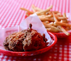 Sonny's fried chicken – brined for 24 hours, pressure fried and "crispy AF!".