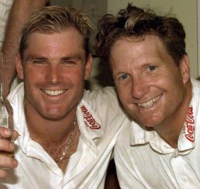 Shane Warne and Ian Healy after Australia's Ashes victory at Trent Bridge in 1997.