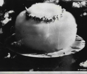 An underwater atomic bomb explosion at Bikini Atoll in the Pacific on July 25, 1946. 