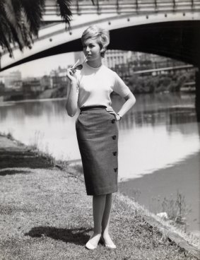 A Sportscraft shot was taken at the Yarra River near Princes Bridge, 1961. Henry Talbot Fashion Photography Archive. Copyright Lynette Anne Talbot