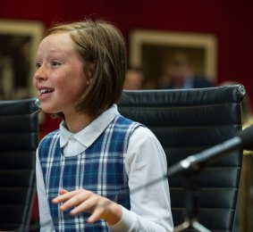 Ten-year-old Grace Gregson from year 5 at Seaforth Public school speaks to the media Senate inquiry at NSW Parliament House.