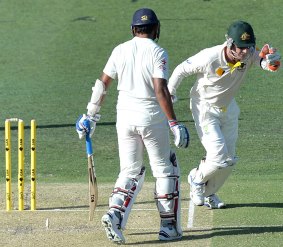 Got him: Murali Vijay is stumped by Brad Haddin off Nathan Lyon's bowling.