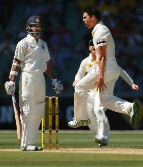 Contentious: Mitchell Johnson after the wicket of  Shikhar Dhawan.