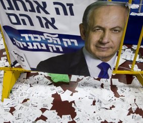 Copies of ballot papers and campaign posters for Israeli Prime Minister Benjamin Netanyahu's Likud Party abandoned after the nation's elections on Wednesday.  