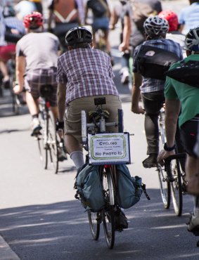 Cyclists demonstrated against Transport for NSW's Get Together campaign which introduces a raft of new rules and fines for cyclists.