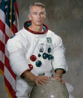 Gene Cernan in his spacesuit for the Apollo 10 mission, which brought him within eight nautical miles of the moon surface.