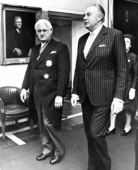 Sir John Kerr and Prime Minister Gough Whitlam in the King's Hall, Parliament House, Canberra on July 11 1974.