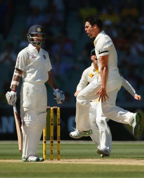 Mitchell Johnson after the contentious wicket of  Shikhar Dhawan.
