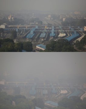 The Delhi skyline is seen enveloped in smog over a railway station on Friday October 28, 2016, top, and a day after Diwali festival below.