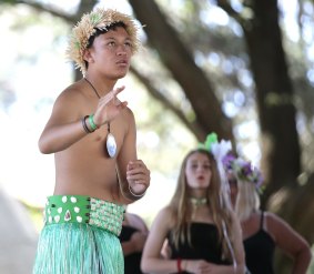Hini Tomokino, of Queanbeyan, performing with Te Uki Ou O Te Kuki Airani at Waitangi Day celebrations in Queanbeyan.