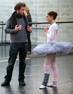 Director Darren Aronofsky with Natalie Portman during filming for Black Swan.
