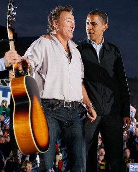 Democratic presidential nominee Barack Obama campaigns with singer Bruce Springsteen at a rally in Cleveland, Ohio, in 2008.