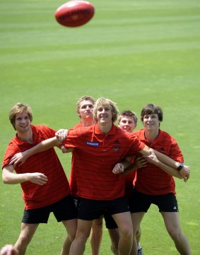 Fresh-faced: New Essendon recruits Ariel Steinberg, Luke Davis, Dyson Heppell, Michael Ross and Alex Browne in November 2010.