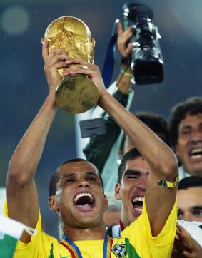 Rivaldo lifts the trophy after Brazil's 2002 World Cup triumph.