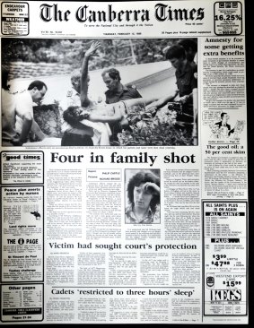 The Canberra Times' next-day coverage of the February 12, 1986 shootings.