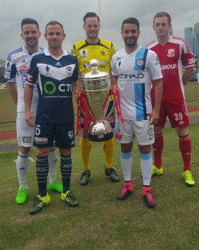 Cup hopes: (L-R) Matthew Foschini (Oakleigh), Leigh Broxham (Victory), Luke Byles (Heidelberg), Michael Zullo (City) and Nick Hegarty (Hume). 