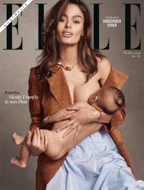 Nicole Trunfio and her four-month-old son Zion on the June cover of <em>Elle Australia</em>.