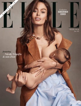 Nicole Trunfio and her four-month-old son Zion on the subscribers' cover of <i>Elle Australia</i>'s June issue.