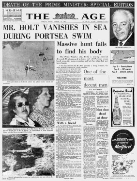 Harold Holt goes missing. The Age's front page from the day.