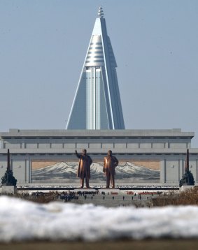 The pyramid shaped 105-storey Ryugyong Hotel in Pyongyang. 