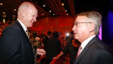Former Queensland premier Wayne Goss with Wayne Swan at the Queensland Labor campaign launch.