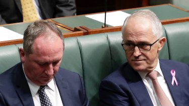 Deputy Prime Minister Barnaby Joyce and Prime Minister Malcolm Turnbull in Parliament on Thursday. 