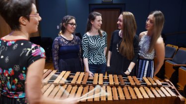 Taking note ... percussionist Claire Edwardes with composers Elizabeth Younan, Clare Johnston, Ella Macens and Natalie Nicolas.