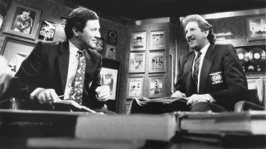 Ken Sutcliffe, left, and Max Walker present Channel Nine's Wide World of Sports in 1989. 