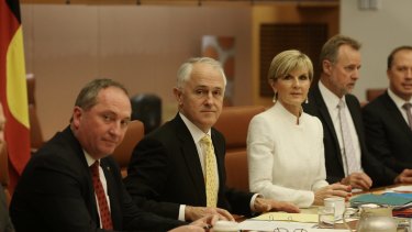 Deputy Prime Minister Barnaby Joyce, Prime Minister Malcolm Turnbull and Foreign Minister Julie Bishop in the cabinet meeting that ultimately ended Kevin Rudd's bid to become UN chief.