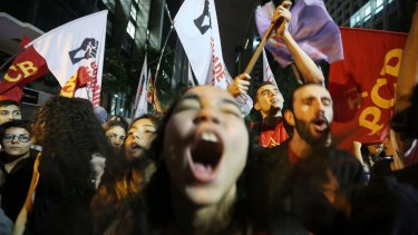 Demonstrators chant during the anti-Temer protest in Rio on May 18.
