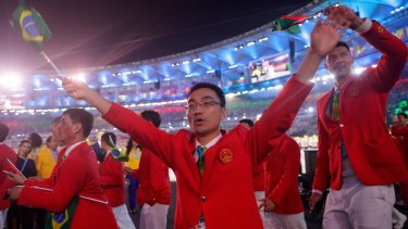 Members of the China Olympic team takes part in the Opening Ceremony of the Rio 2016 Olympic Games at Maracana Stadium on August 5, 2016 in Rio de Janeiro, Brazil.