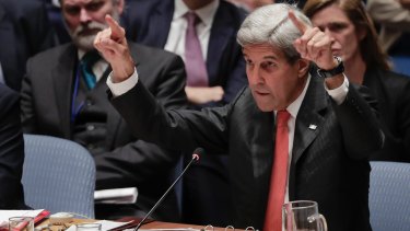 US Secretary of State John Kerry speaks during a heated Security Council meeting.
