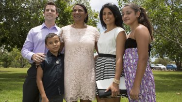 Peris when she was successfully endorsed as the Labor Party's top pic for the senate, with her family, Scott Appleton, son Jack and daughters Destiny and Jessica.