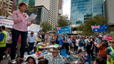 One Nation founder Pauline Hanson addresses the Reclaim Australia rally in Brisbane.