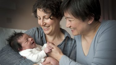 Penny Wong and partner Sophie Allouache and their daughter Alexandra in 2011. Their second daughter, Hannah, was born earlier this year.