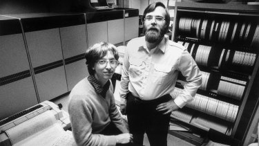 Microsoft founders Bill Gates, left, and Paul Allen in their office in Bellevue, Washington in 1981.