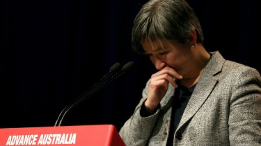 Senator Penny Wong becomes emotional during the Labor debate.