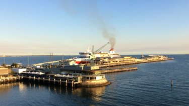 The Spirit of Tasmania docks at Station Pier this week. Emissions from it and the 50-odd tourist liners that arrive at Station Pier each year have residents at the nearby Beacon Cove concerned. Some have complained of respiratory illnesses.