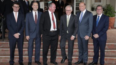 Deputy Prime Minister Barnaby Joyce (centre left) and Prime Minister Malcolm Turnbull (centre right) with the Queensland cabinet team (from left) David Littleproud, Steve Ciobo, Peter Dutton and John McVeigh.