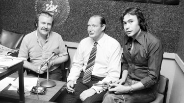 Multimedia star: Mike Gibson and radio show co-host George Moore with Kerry Packer at 2SM on 7 November 1977.  
