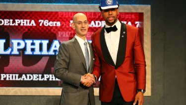 Jahlil Okafor with NBA commissioner Adam Silver after being selected third overall in the NBA draft. 