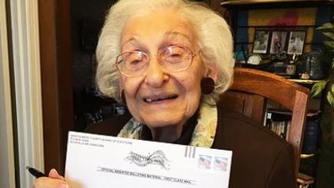 Estelle Schultz with her ballot. (Courtesy of Roberta Benor)