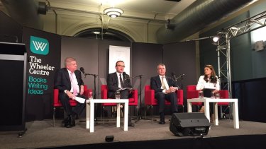 Federal arts minister Mitch Fifield, Greens arts spokesman Adam Bandt, shadow arts minister Mark Dreyfus and moderator Patricia Karvelas during the national arts election debate.