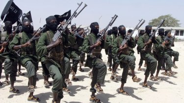 Al-Shabaab fighters perform military exercises south of Mogadishu in 2011.